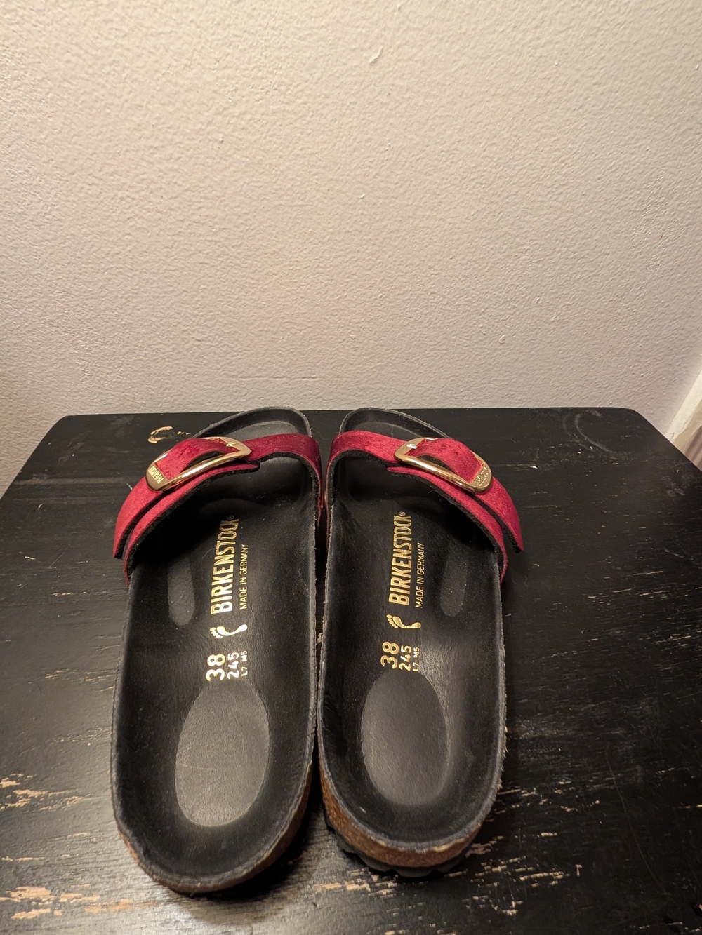 Birkenstock Madrid Velvet Slide Sandals in Deep Red with Gold Buckle - Picture 4 of 6
